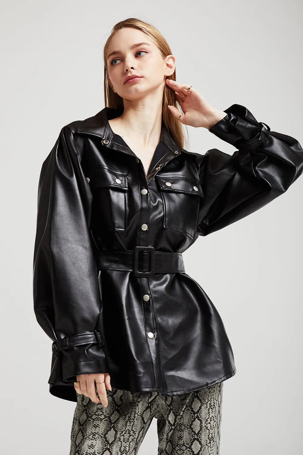 Abigail Oversized Pleather Shirt Jacket