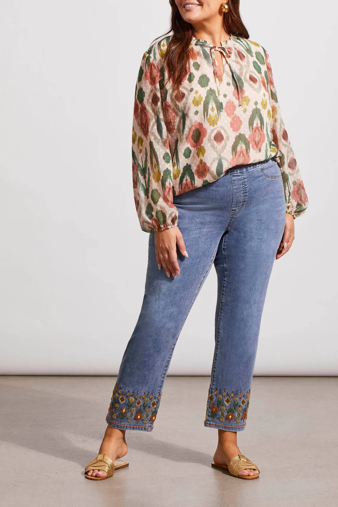 Audrey Pull On Straight Ankle Jeans With Beading