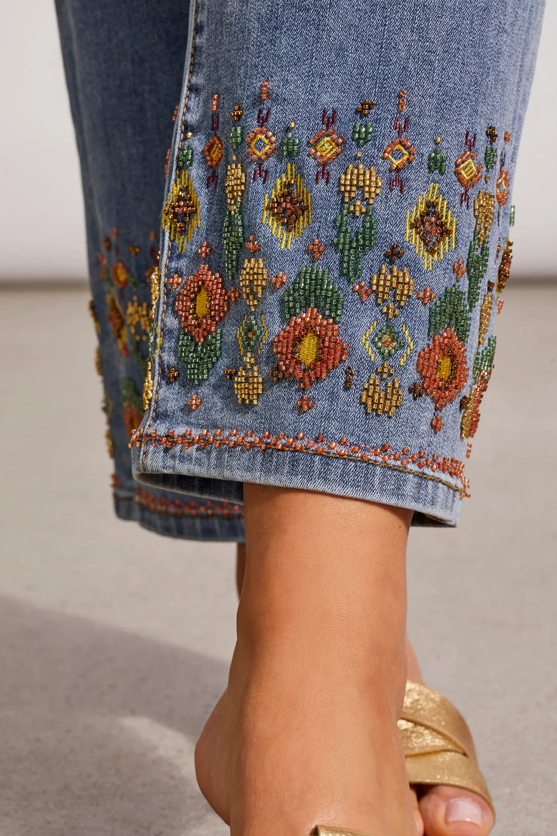 Audrey Pull On Straight Ankle Jeans With Beading