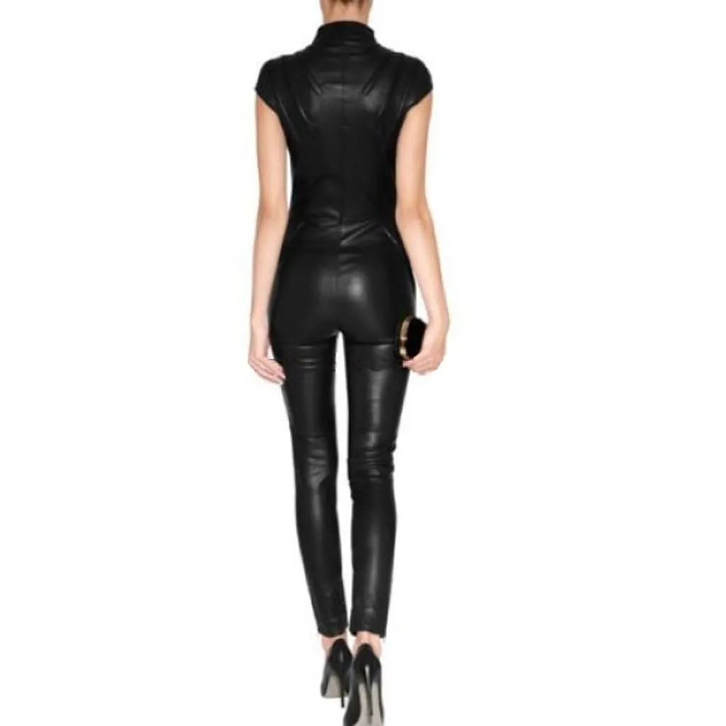 Black Women's Short Sleeves Leather Jumpsuit - Stunning Style