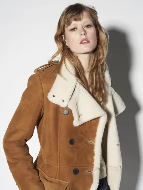 Camel double-breasted shearling coat