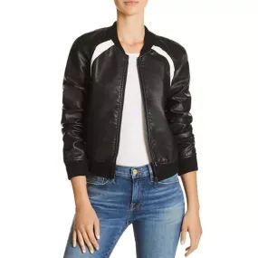 Casual Baseball Collar Black Leather Bomber Jacket