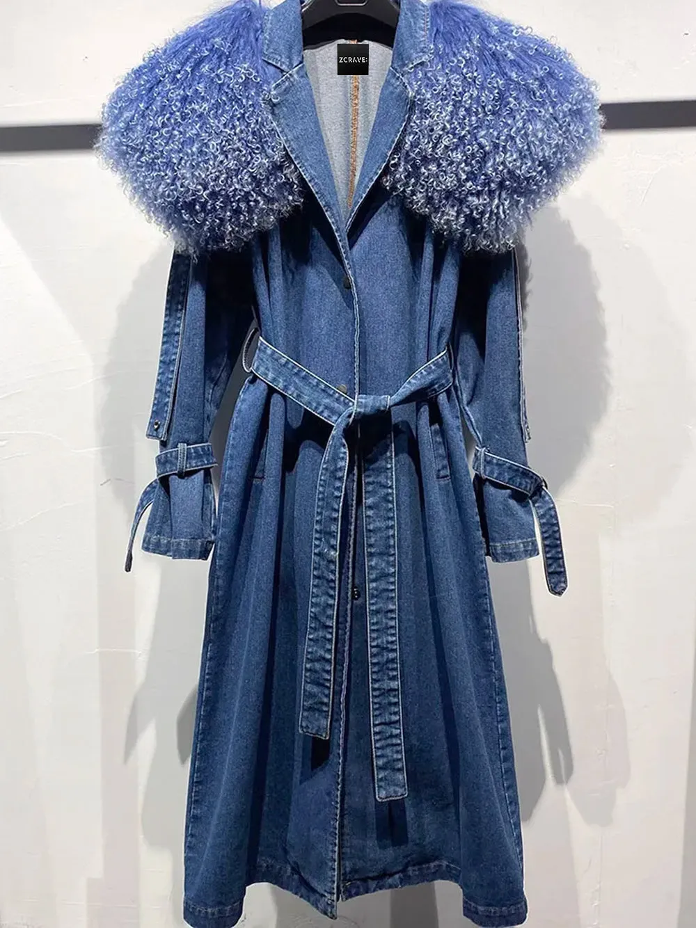 DUVE Fluffy Faux Fur Denim Coat in Blue