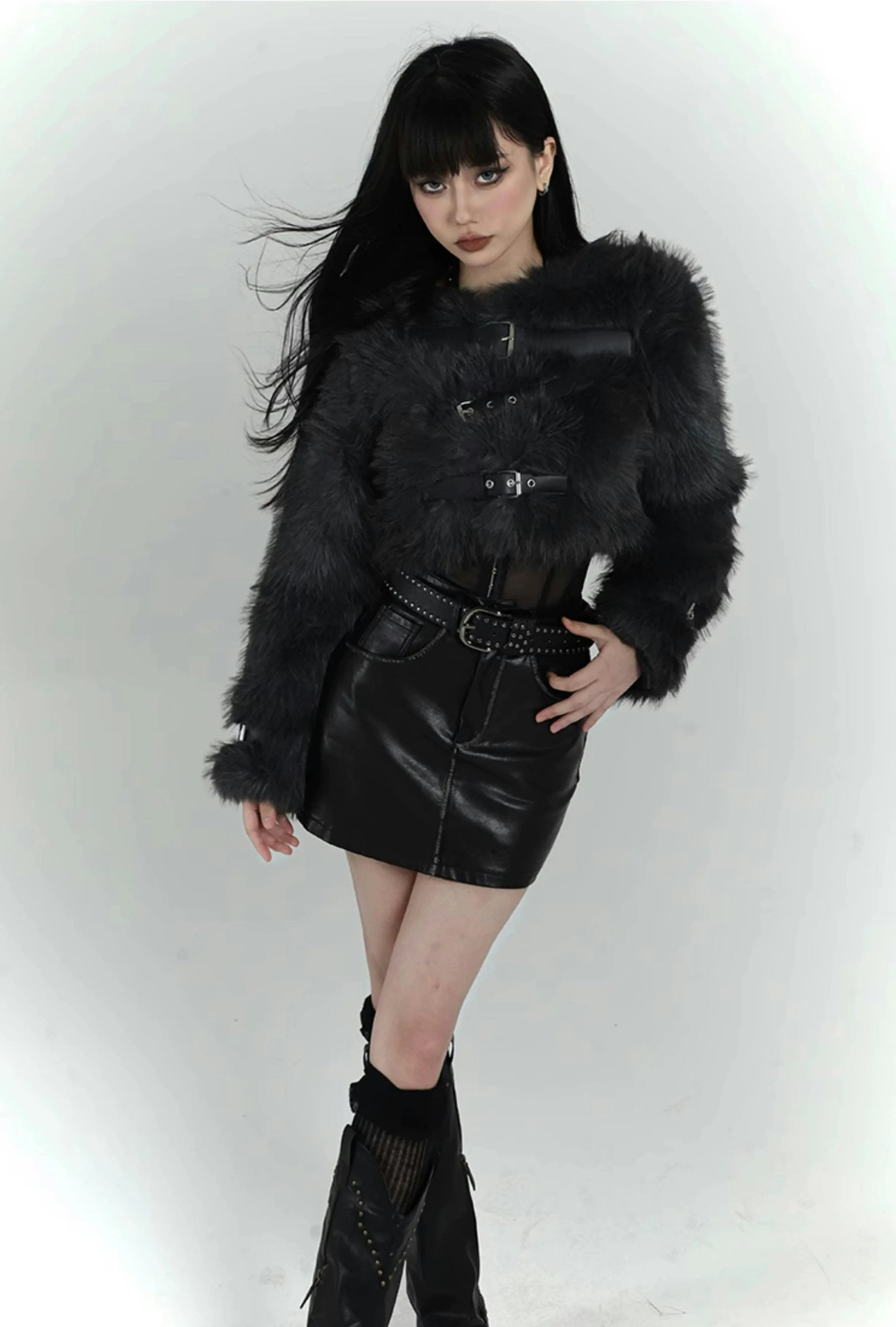 Faux Fur Cropped Coat with Leather Straps