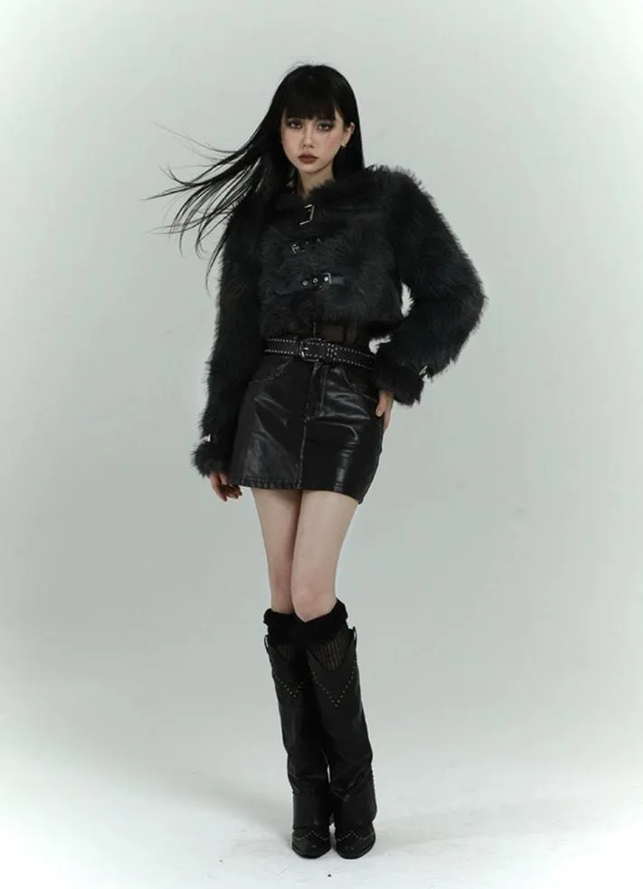 Faux Fur Cropped Coat with Leather Straps