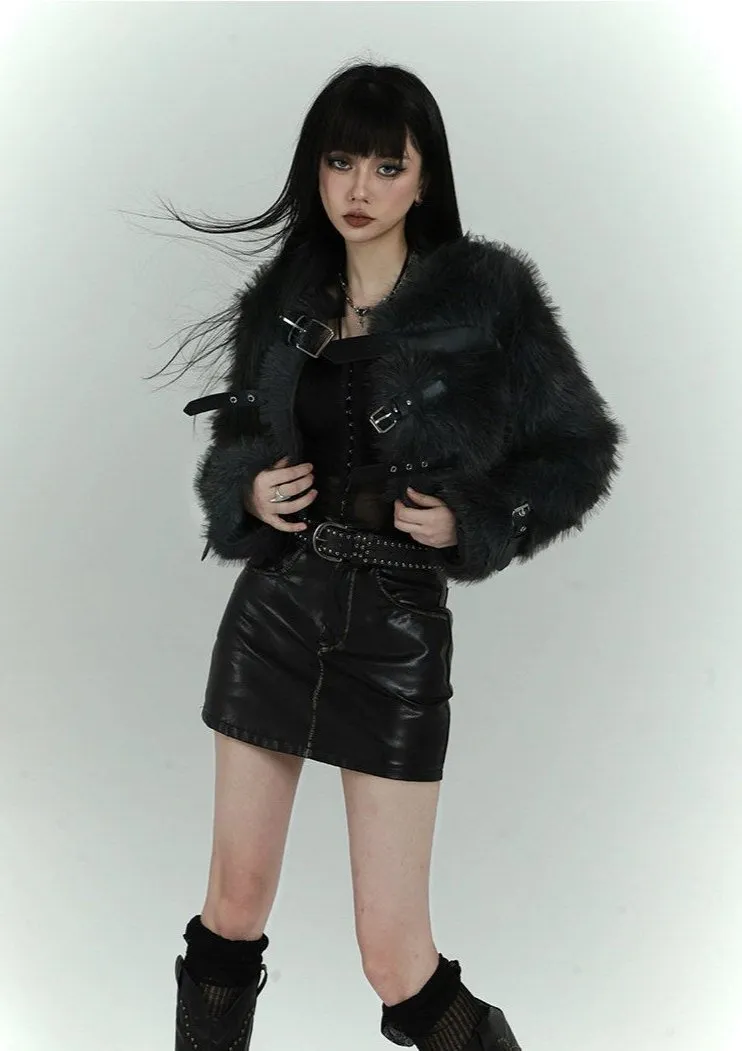 Faux Fur Cropped Coat with Leather Straps