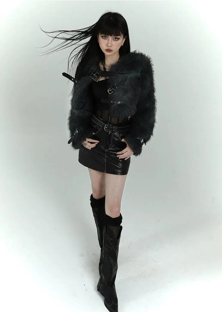 Faux Fur Cropped Coat with Leather Straps