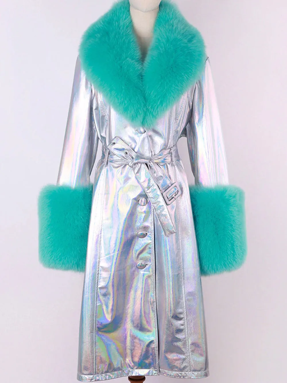 Faux Fur Genuine Leather Coat in Silver / Turquoise