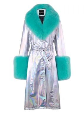 Faux Fur Genuine Leather Coat in Silver / Turquoise