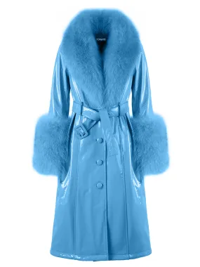 Faux Fur Genuine Patent Leather Coat in Light Blue