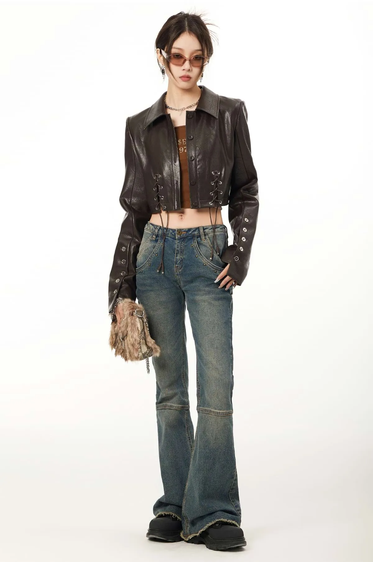 Faux Leather Cropped Jacket with Drawstrings