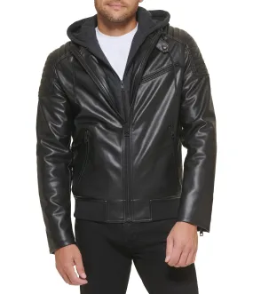 Faux Leather Hooded Moto Jacket