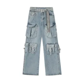 Girlary grunge outfits Vintage Multi-Pocket Design Workwear Jeans Straight Loose Wide-Leg Mop Pants