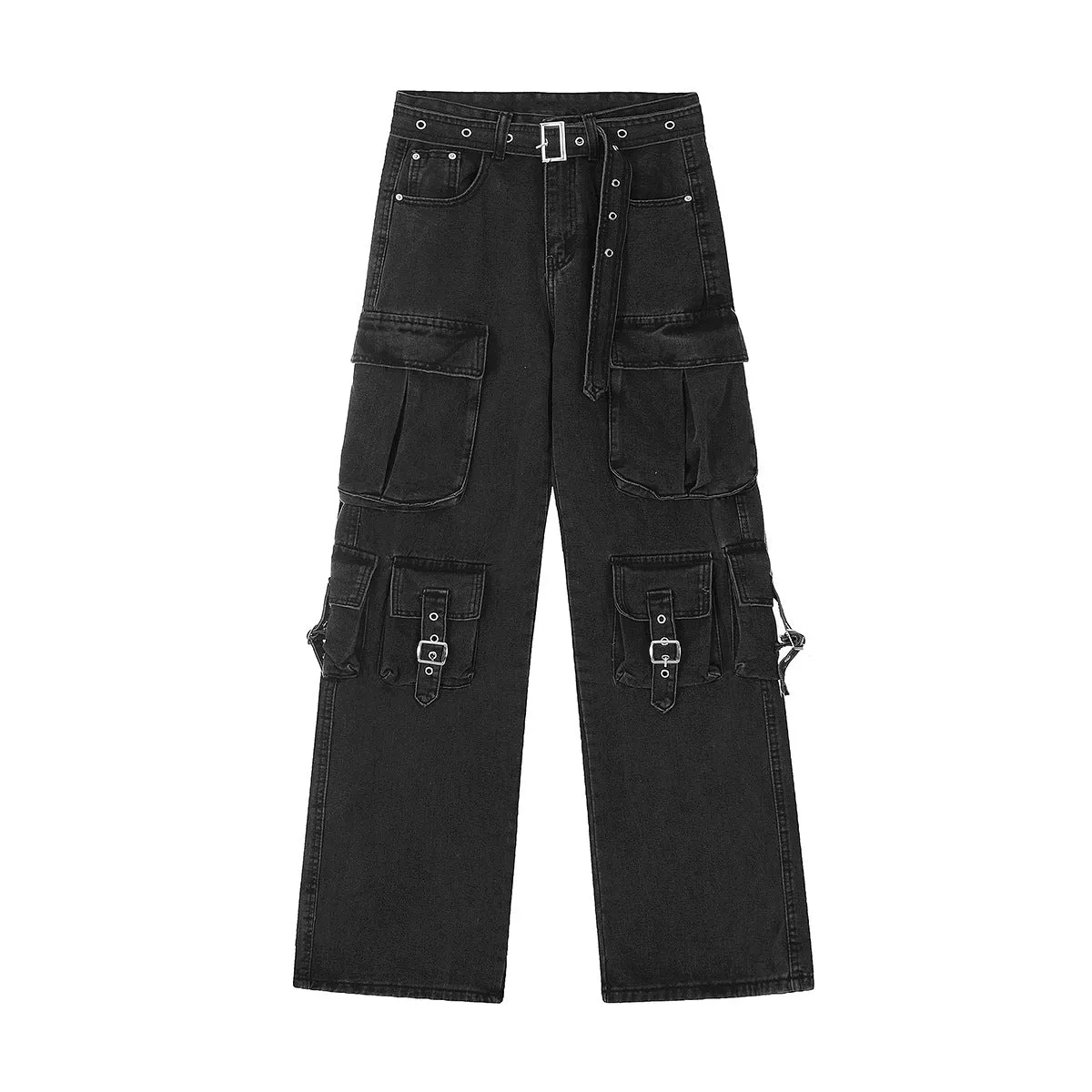 Girlary grunge outfits Vintage Multi-Pocket Design Workwear Jeans Straight Loose Wide-Leg Mop Pants