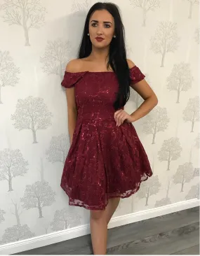 Gracie Wine Bardot Sequin Skater Dress