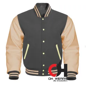 Gray Wool and Genuine Cream Leather Sleeves Varsity Jackets