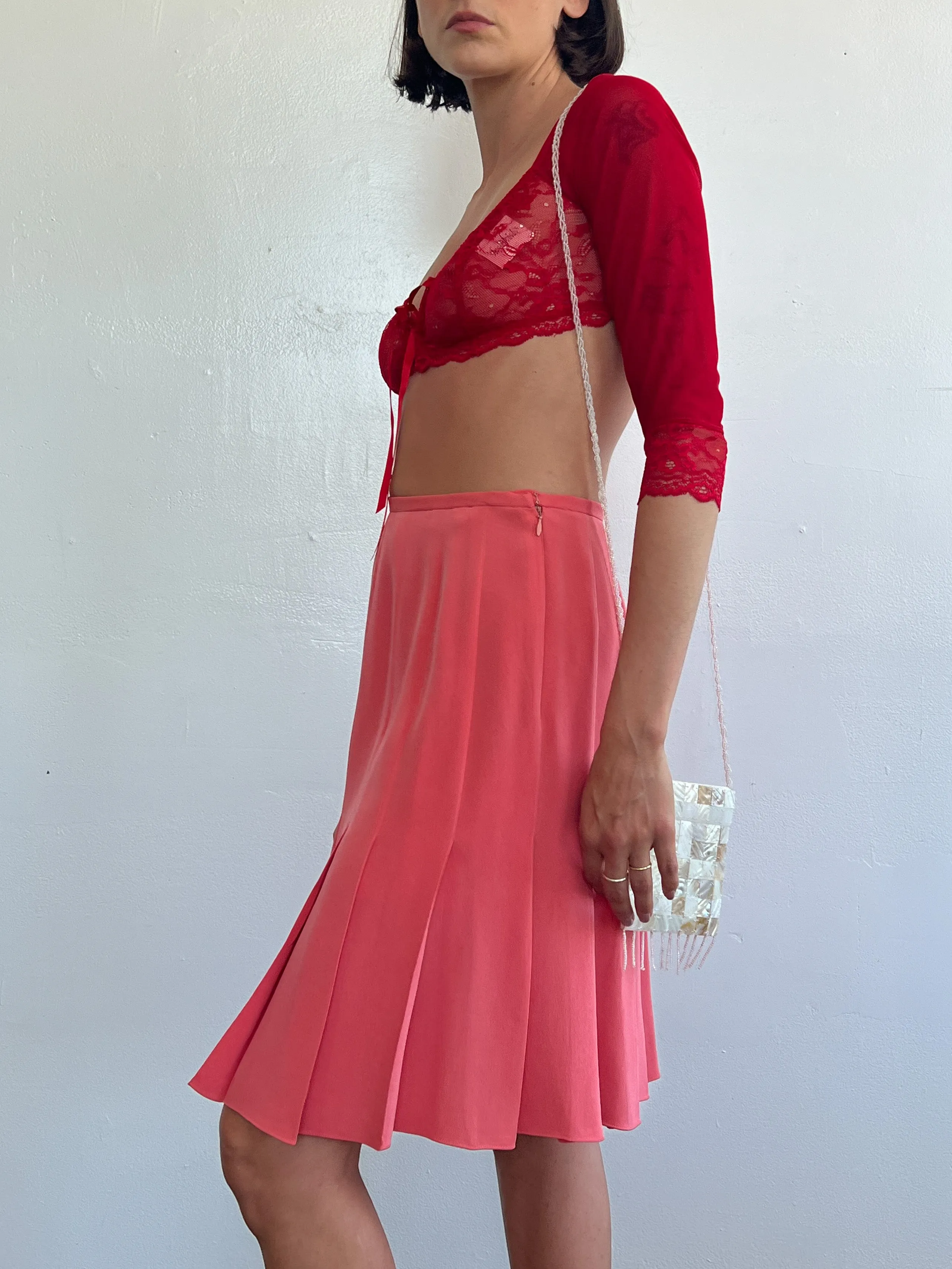 Guava Silk Pleated Skirt (S)