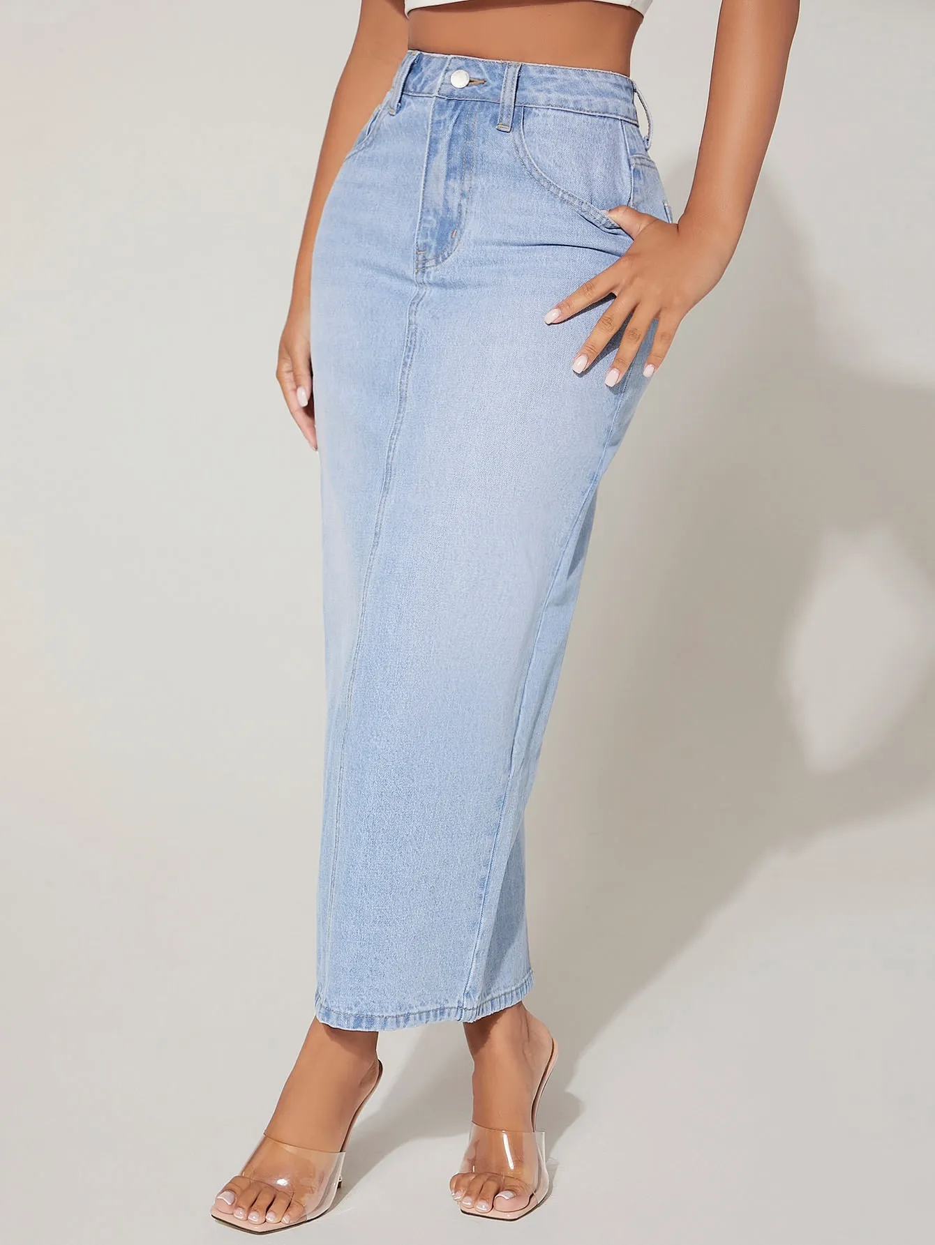 High Waist Split Back Denim Skirt-Petite