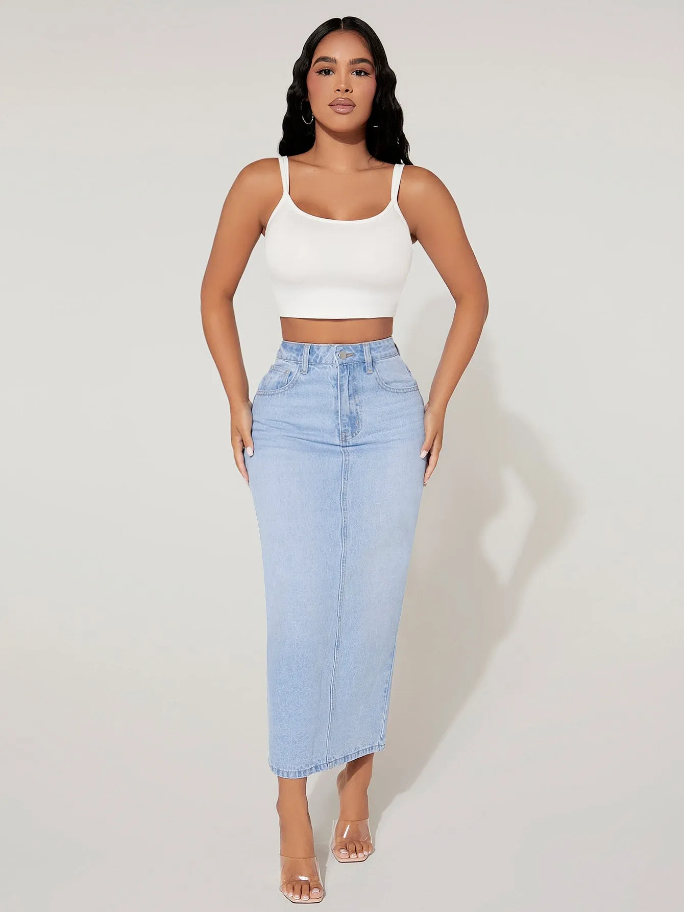 High Waist Split Back Denim Skirt-Petite