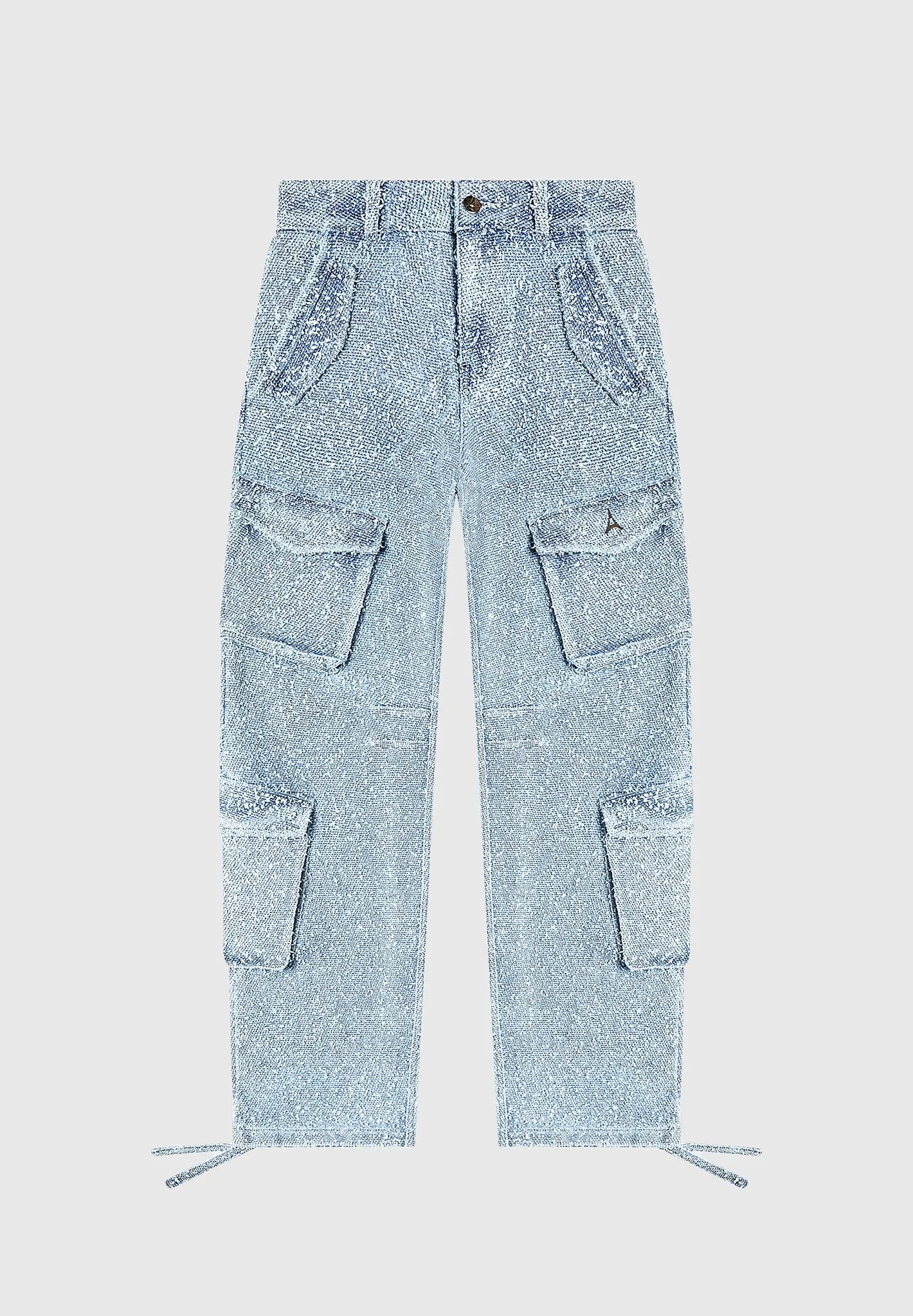 High Waisted Boucle Denim Cargo Pants - Mid Blue