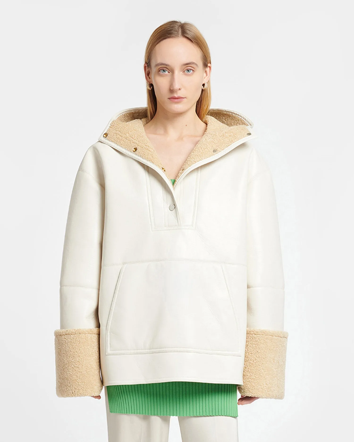 Maso - Hooded Bonded Shearling Pullover - Creme/Crayon