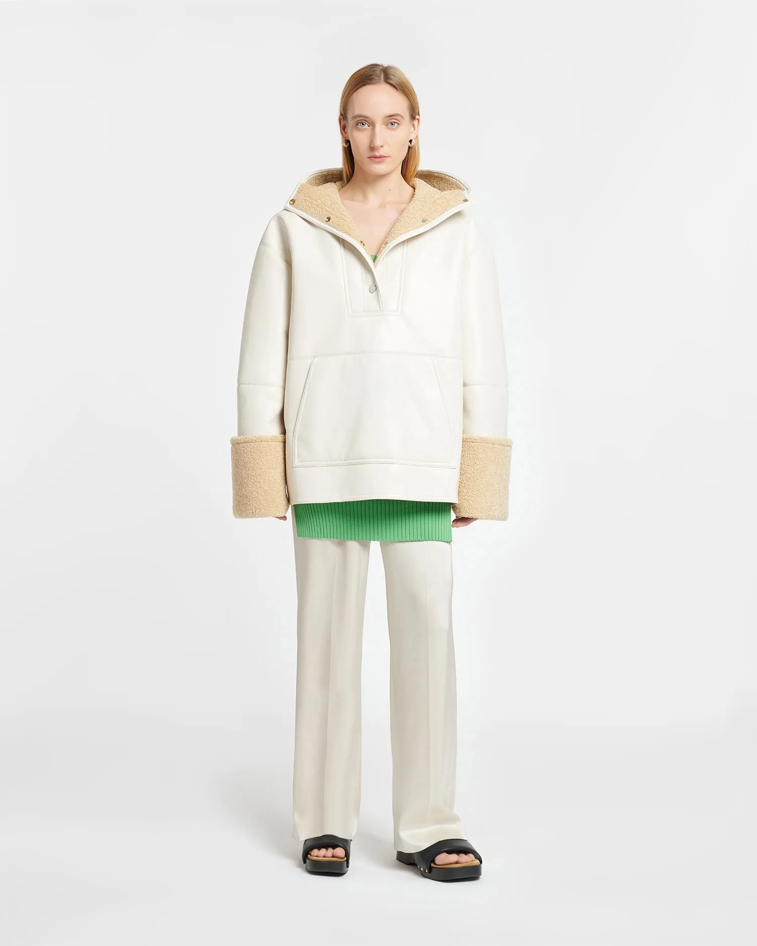 Maso - Hooded Bonded Shearling Pullover - Creme/Crayon