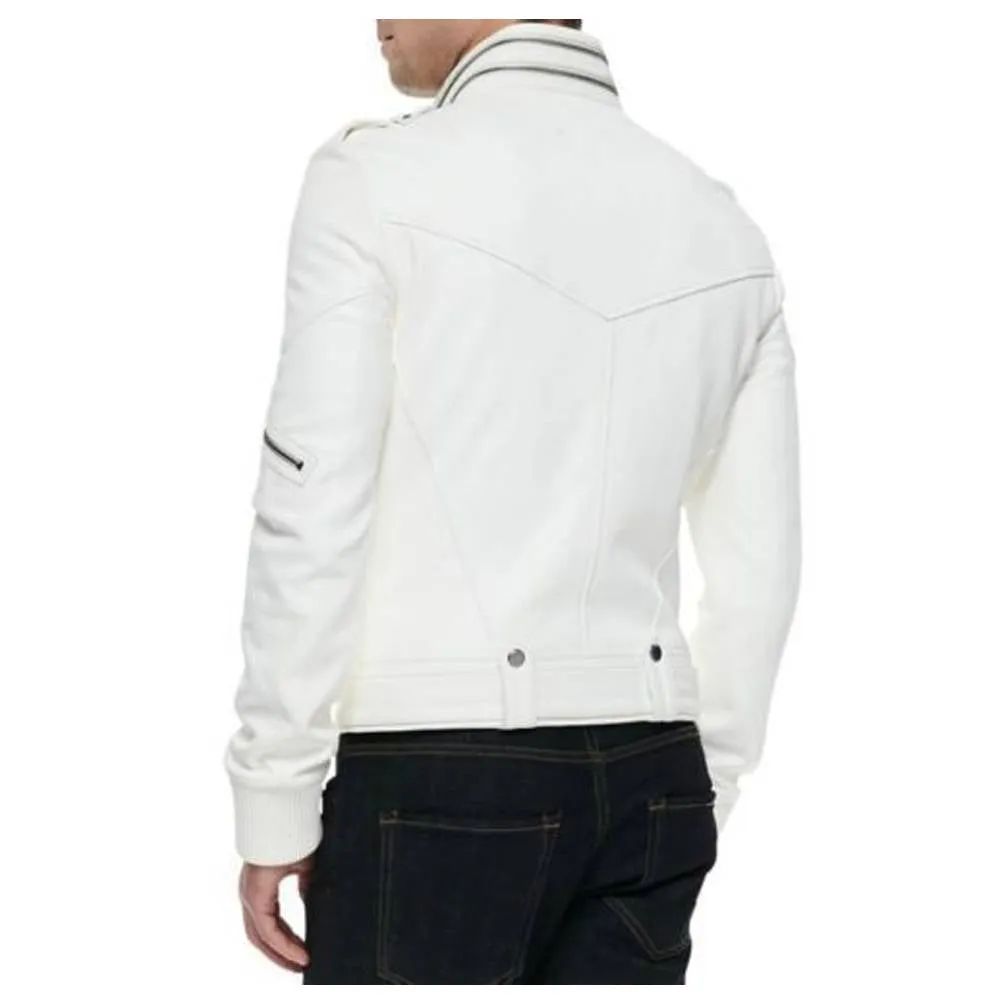 Men Racer Moto Biker White Leather Jacket