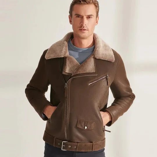 Men's Classic Brown Shearling Sheepskin Biker Aviator Jacket