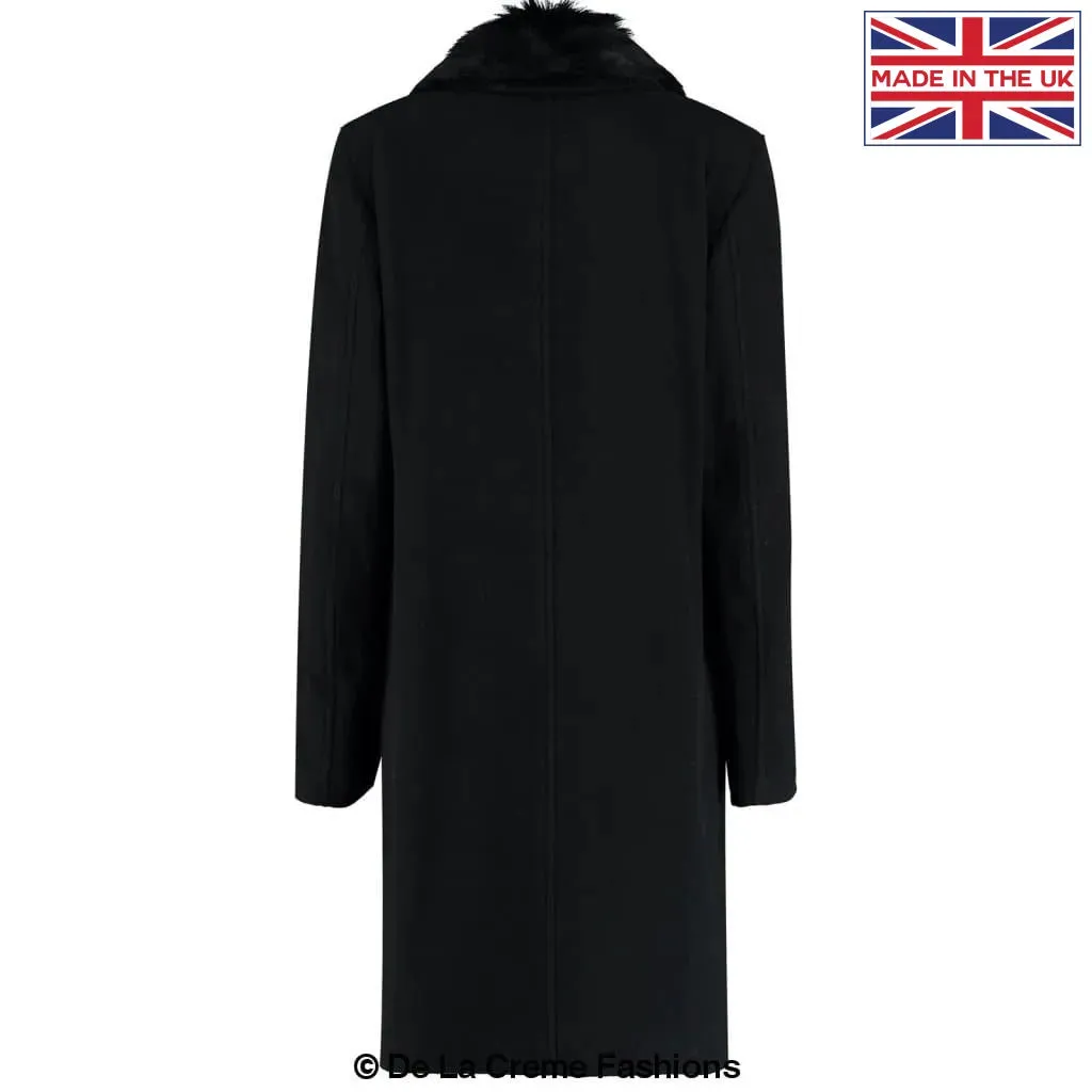 Mens Wool Mix Overcoat With Faux Fur Collar