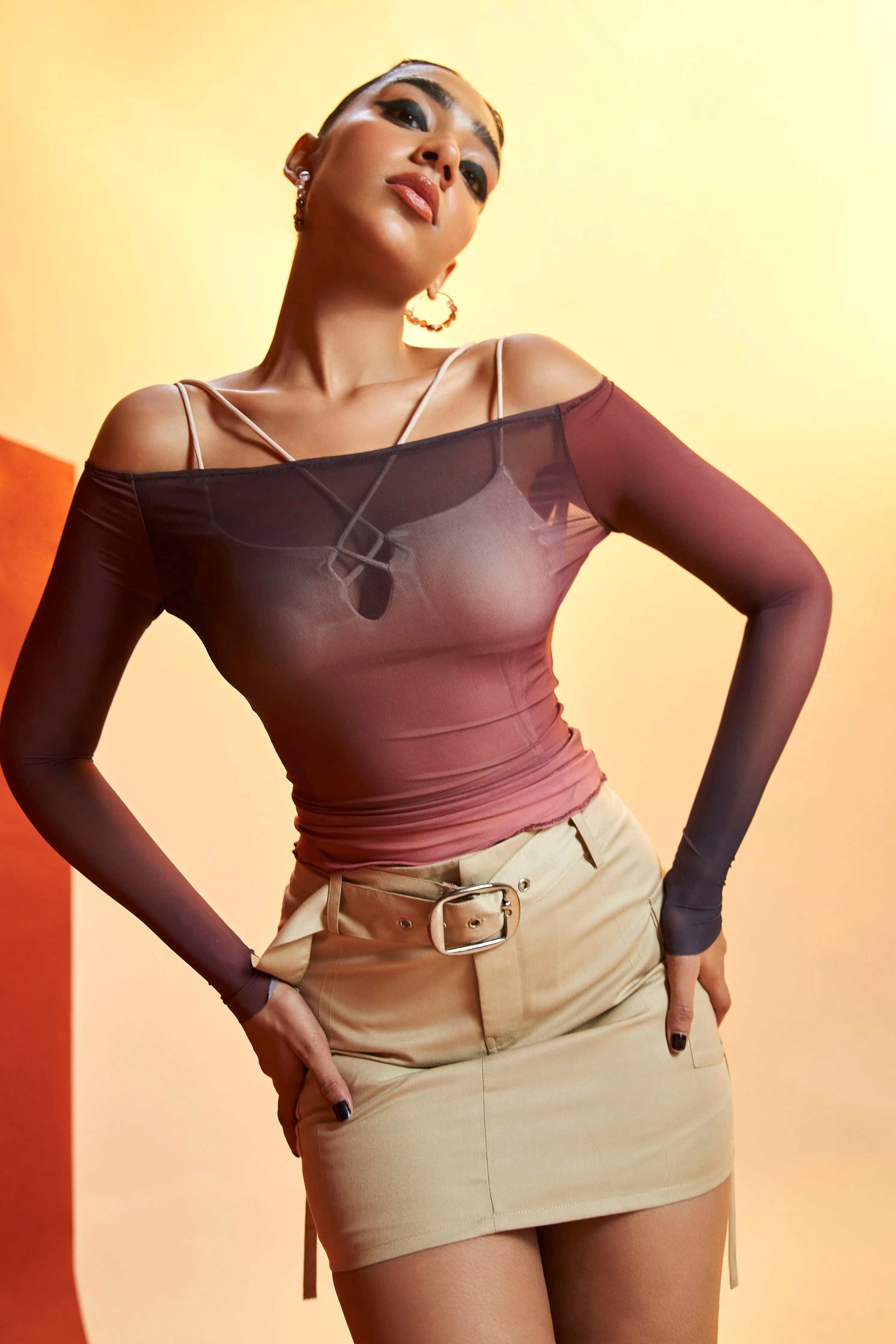 Oliana Ombre Power Mesh Top, Nude Bodysuit, and Mini Cargo Skirt Set