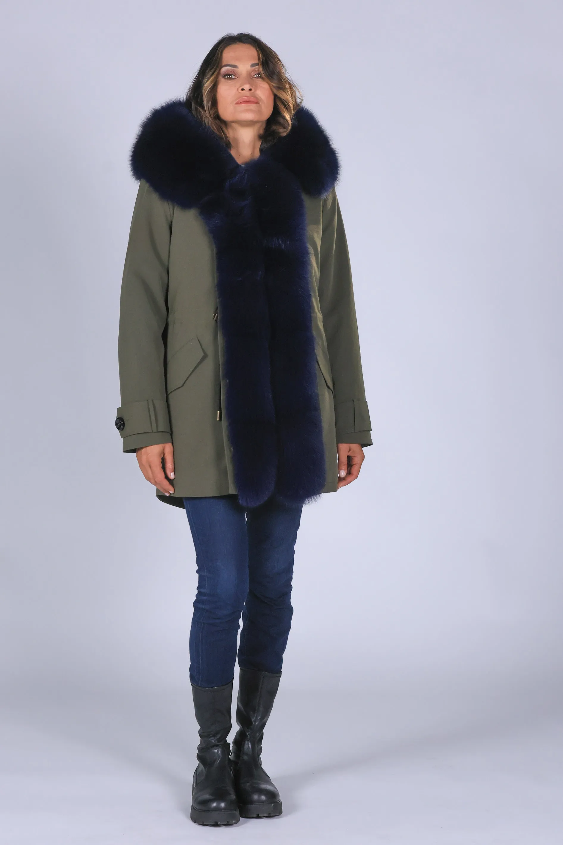 parka in cotone tecnico impermeabile long blue