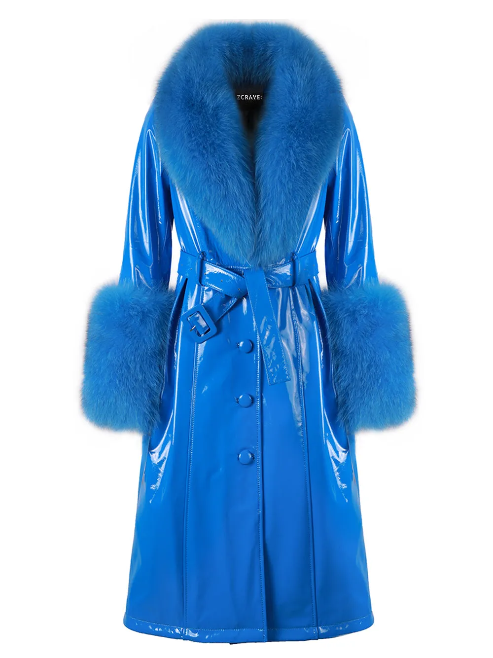 Patent Leather Coat w/ Fox Fur In Blue