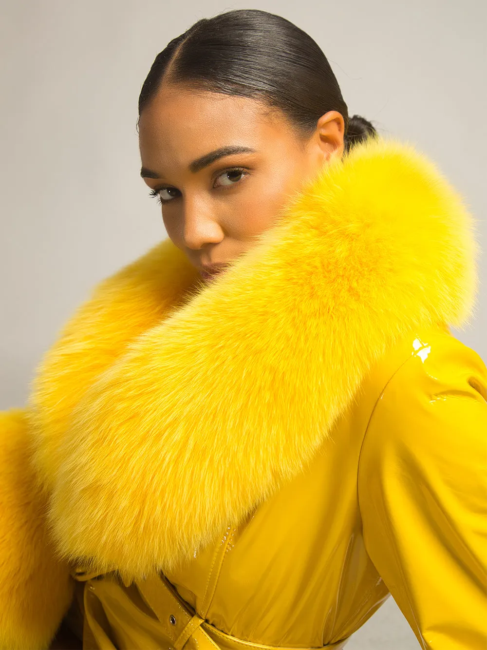 Patent Leather Coat w/ Fox Fur In Yellow