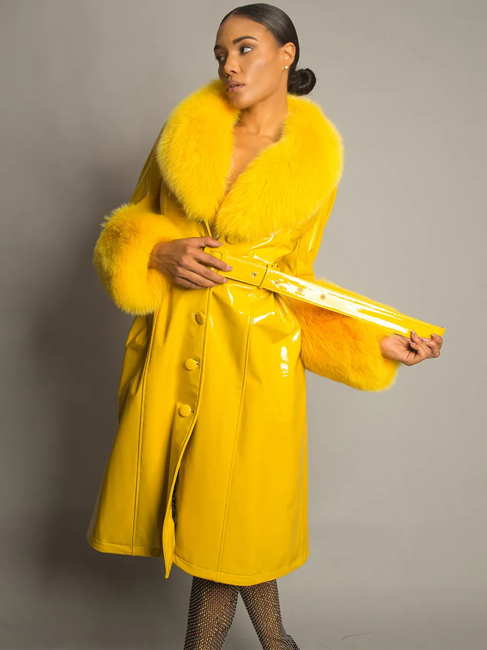 Patent Leather Coat w/ Fox Fur In Yellow