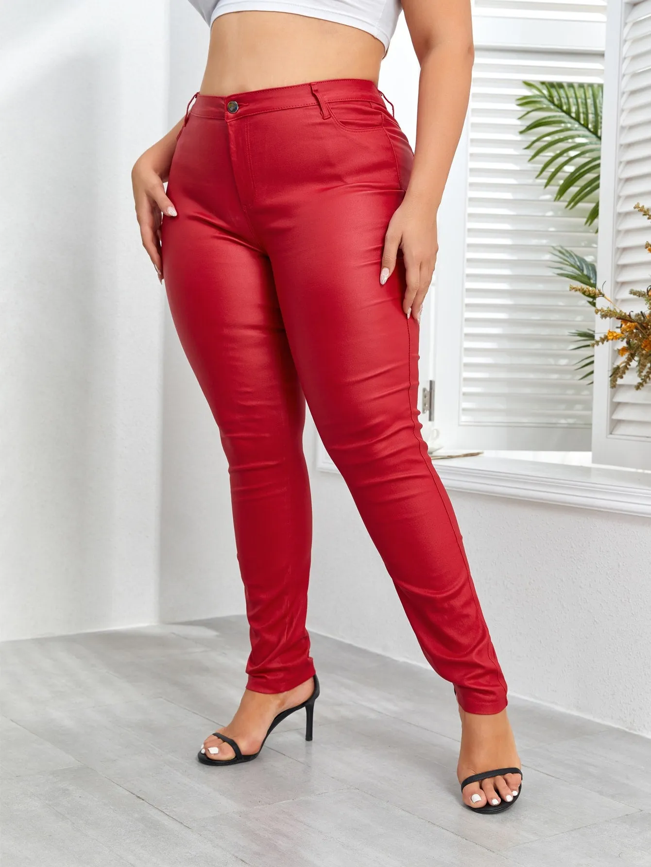 Plus High Waist PU Leather Skinny Pants