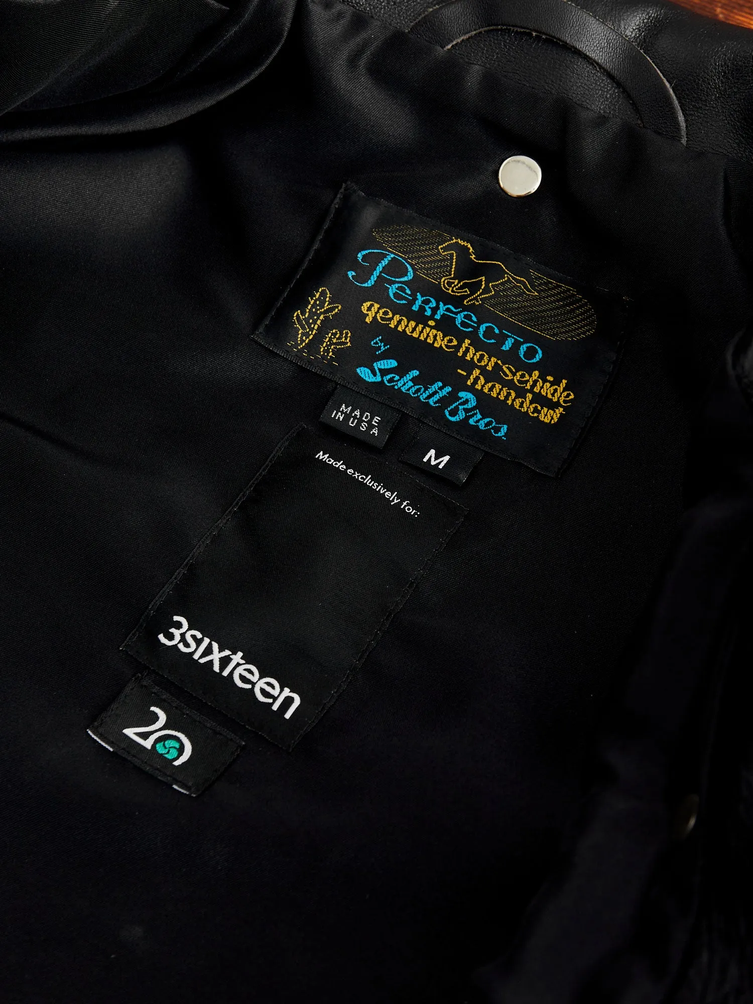 "3sixteen x Schott NYC" 20th Anniversary Horsehide Perfecto Leather Jacket in Black