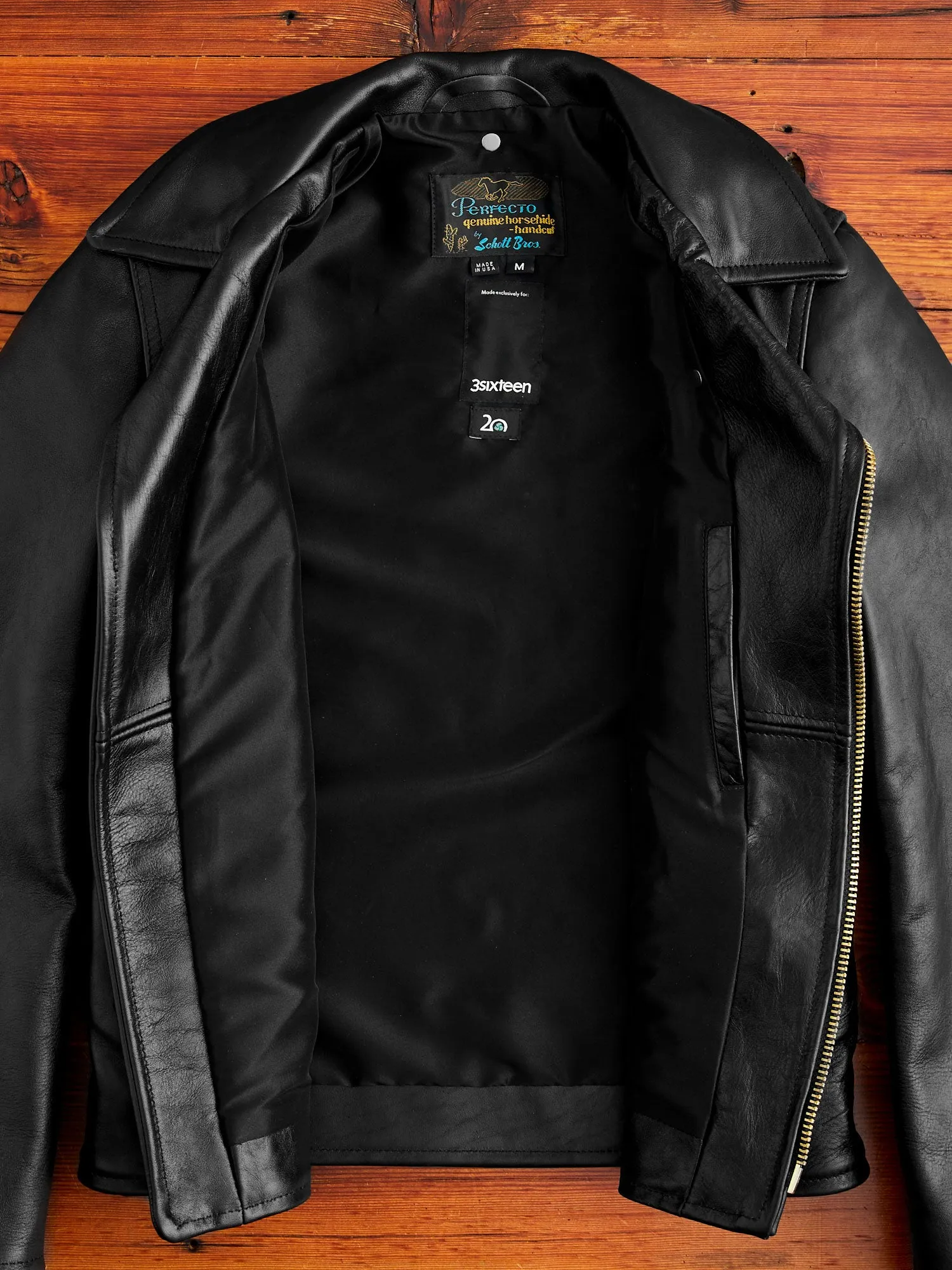 "3sixteen x Schott NYC" 20th Anniversary Horsehide Perfecto Leather Jacket in Black