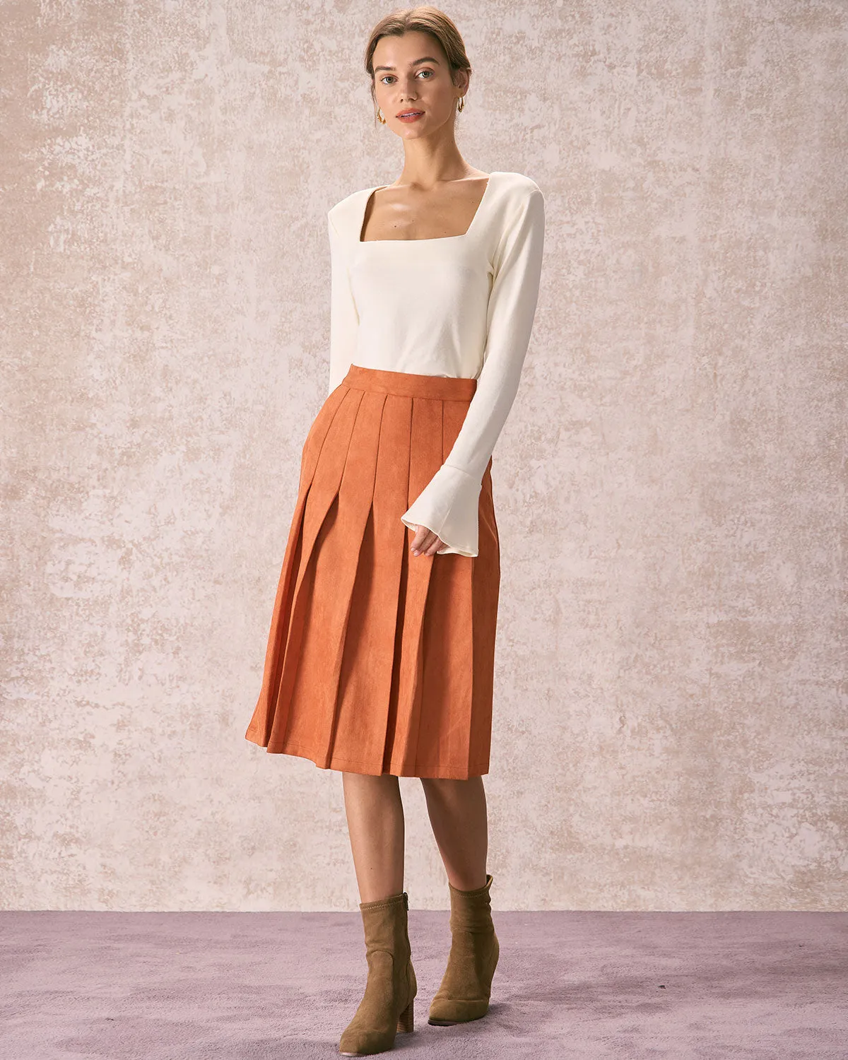 The Orange High Waisted Suede Midi Skirt