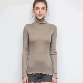 Women Solid Turtleneck Pullovers 80%Silk 20%Cotton