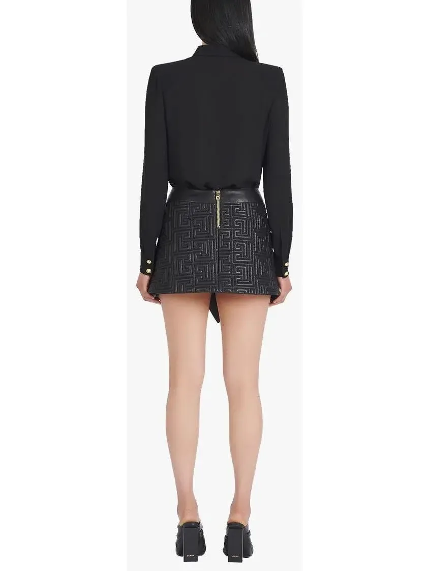 Women’s Black Leather Short Embossed Skirt with Monogram