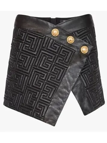 Women’s Black Leather Short Embossed Skirt with Monogram