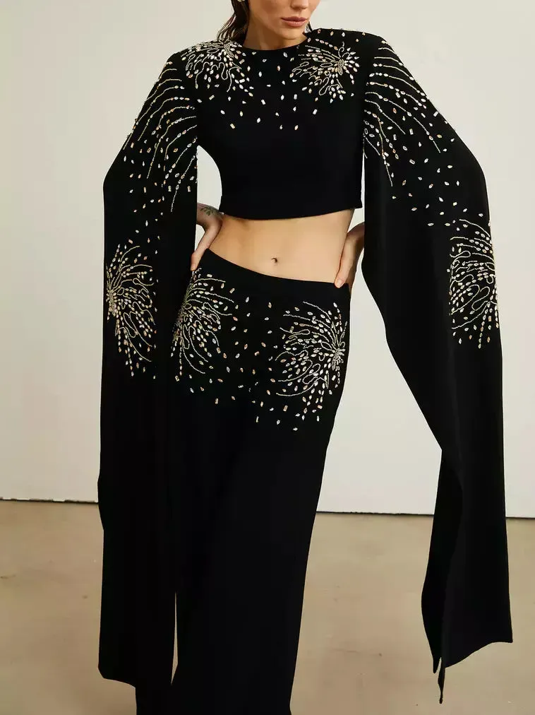 Women’s Embellished Extended Sleeve Crop Top and Wide-Leg Pant Suit